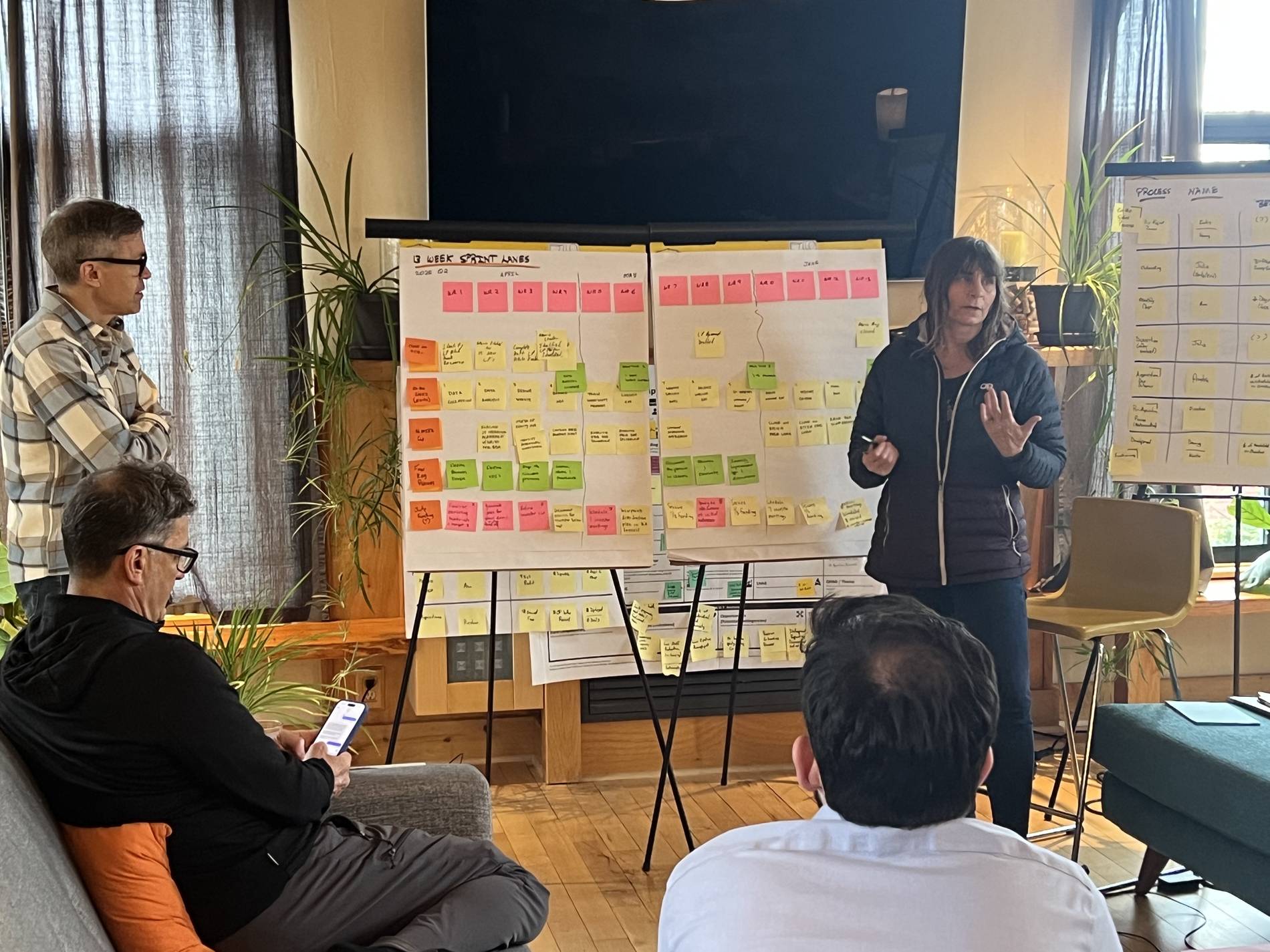 An owner and team members seated while a facilitator works a twelve-week sprint plan at the board